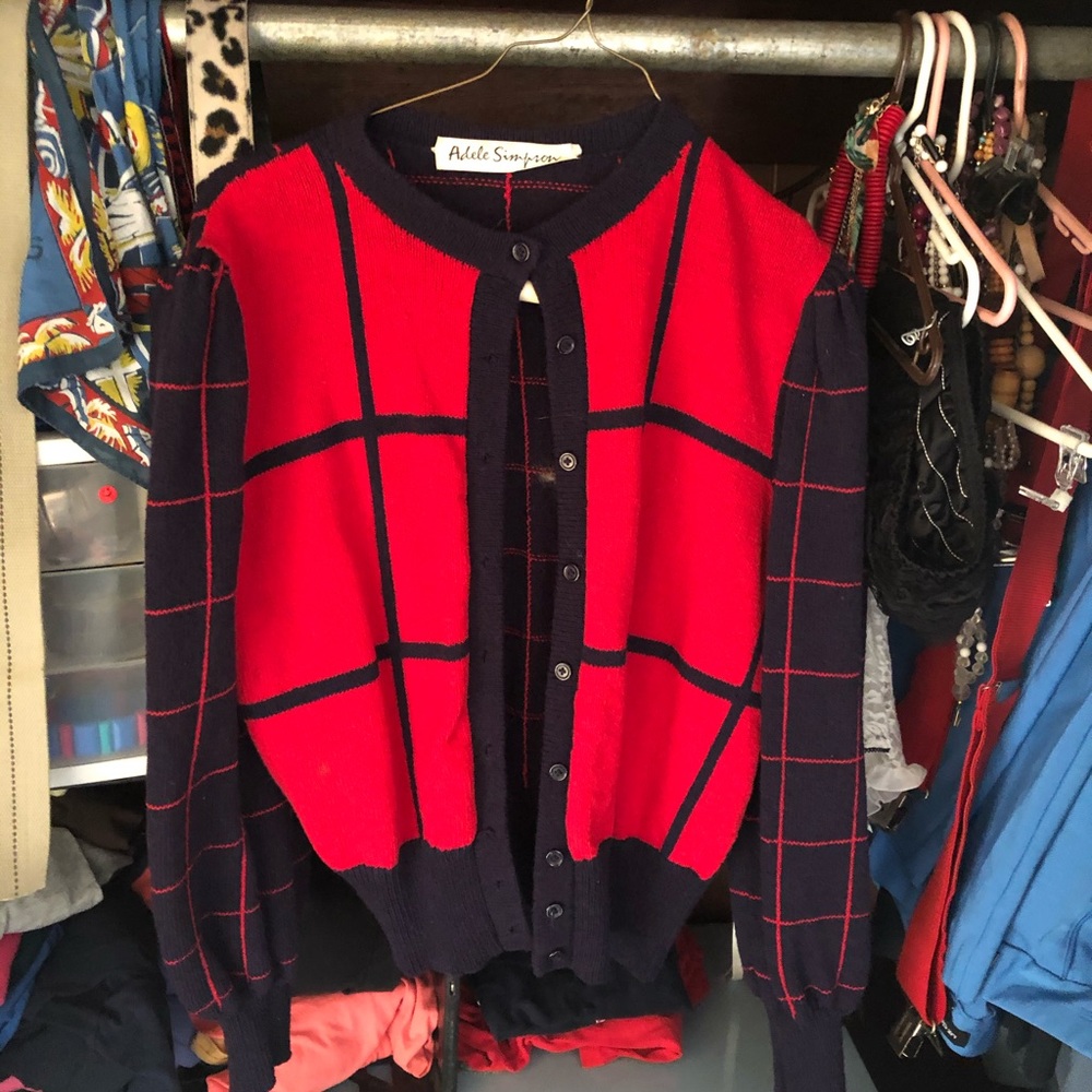 Vintage Adele Simpson Red Button-up Sweater.